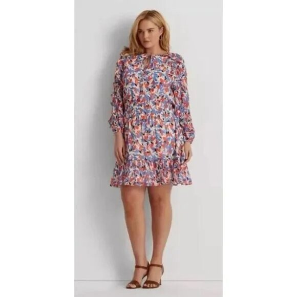 Ralph Lauren Blue Orange Floral Ruffle Smocked Waist Georgette Dress 14W NWT - Picture 1 of 9